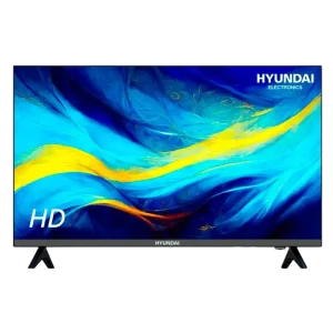 TV Hyundai 32" HD con pantalla vibrante en azul y amarillo.