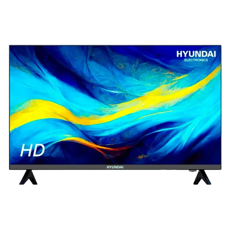 TV Hyundai 32" HD con pantalla vibrante en azul y amarillo.