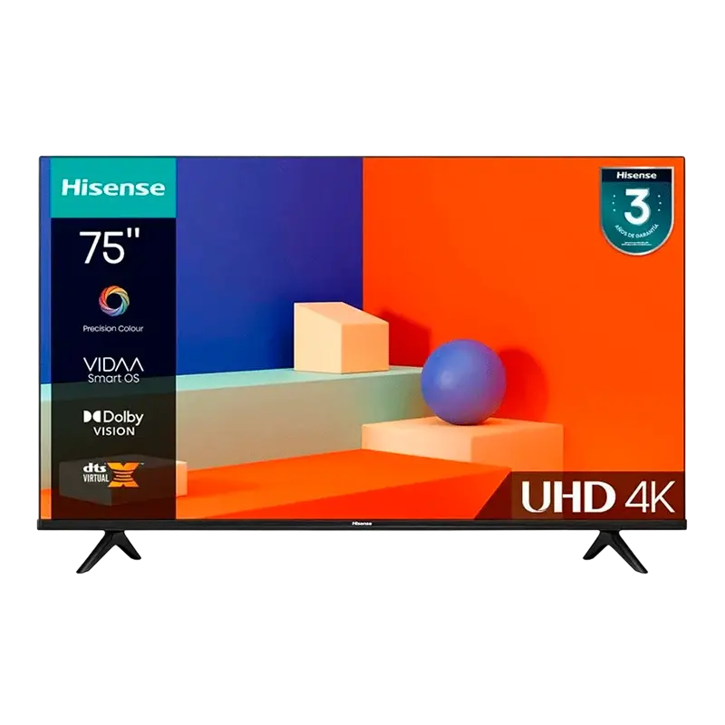 Televisor Hisense 75" UHD 4K con Dolby Vision y sistema VIDAA Smart OS.