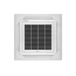 Vista frontal del Aire Acondicionado LG Tipo Cassette Inverter con panel de distribución de aire en 4 direcciones.