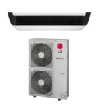 Sistema de aire acondicionado LG suspendido de techo con unidad exterior inverter.