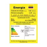 Etiqueta de eficiencia energética del aire acondicionado Hisense AS-12TW2SLETV00, mostrando detalles de consumo y clasificación energética.