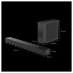 Dimensiones de la Barra de Sonido Hisense 2.1 Ch 240W con subwoofer inalámbrico.