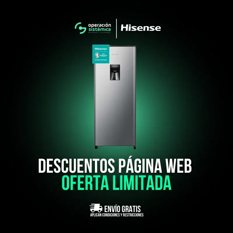 Nevera compacta Hisense BC179R/HC1 con dispensador de agua, diseño moderno y promoción exclusiva en Operación Sistémica