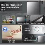 Mini Bar Hisense 44L BC-45 con puerta reversible, control manual y patas ajustables.