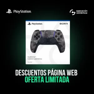 Control inalámbrico DualSense de Sony para PS5, edición camuflaje, presentado en su caja original.