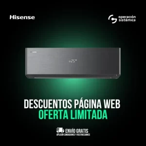 Aire acondicionado Hisense Inverter de 12.000 BTU, diseño moderno con pantalla digital y alta eficiencia energética.