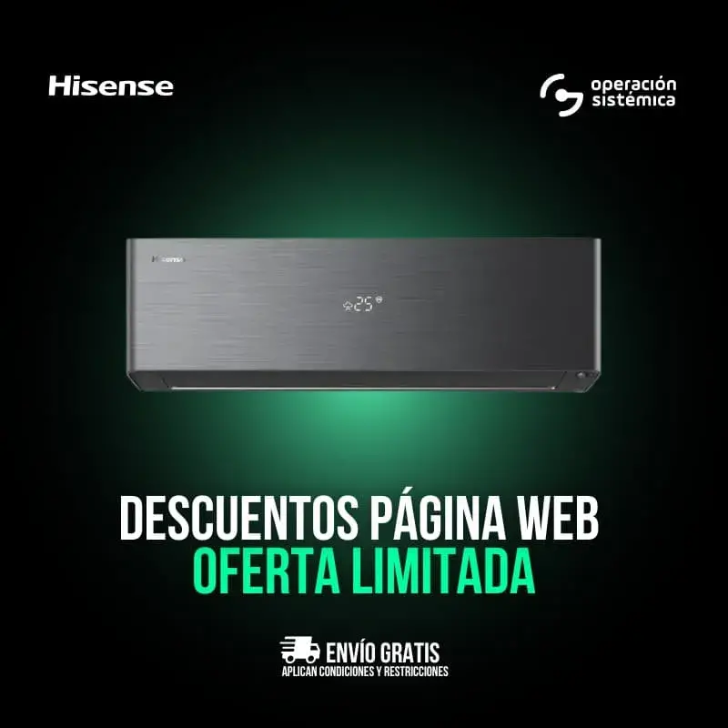 Aire acondicionado Hisense Inverter de 12.000 BTU, diseño moderno con pantalla digital y alta eficiencia energética.