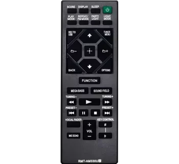 Vista frontal del control Equipo Sony RMT-AM330U, destacando sus múltiples funciones y diseño compacto.