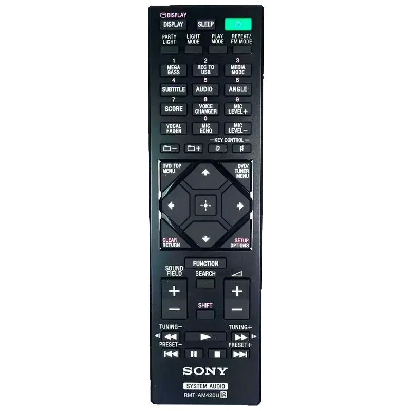 control remoto Sony RMT-AM420U con múltiples botones de función y diseño ergonómico.