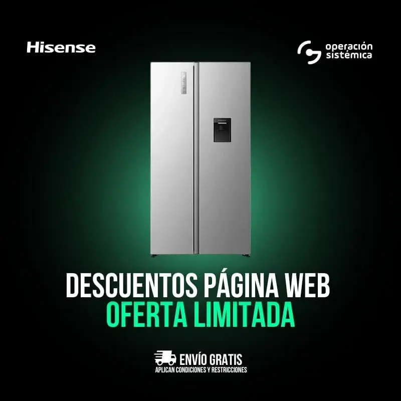 Nevecon Hisense de 541 litros, diseño elegante en acero inoxidable, ideal para conservar alimentos con tecnología Inverter y No Frost.