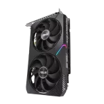 Tarjeta gráfica ASUS RTX 3060 con diseño de doble ventilador en posición vertical.