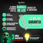 Publicidad de barras de LED líderes en el mercado, destacando lentes originales, disipación en aluminio, seguro por ruptura en transporte, y una garantía de 3 años.