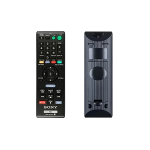 Control remoto Sony RMT-B118 con vista frontal y trasera, diseño ergonómico y botones de acceso rápido.