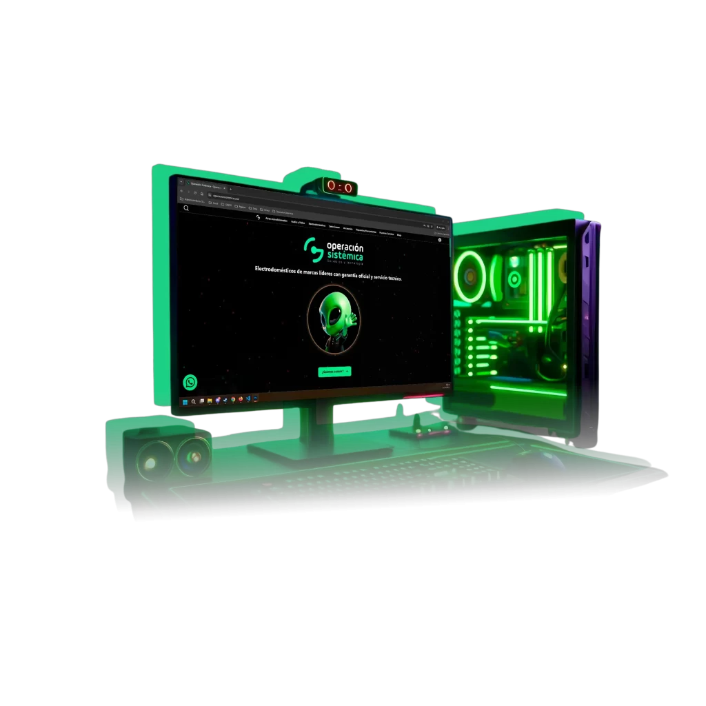 Setup gamer profesional con escritorio modular, silla ergonómica y PC con iluminación RGB.